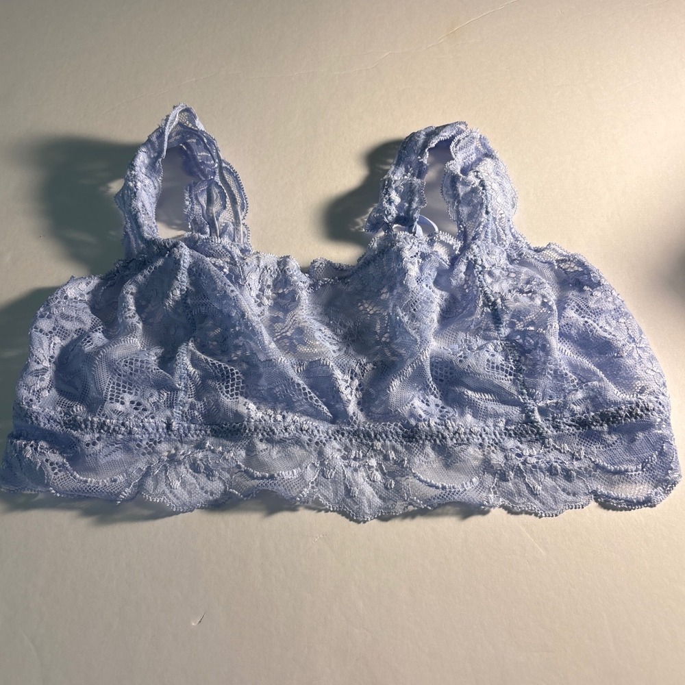 Periwinkle Blue Floral Lace Bralette Ruffle Adjustable Straps Sheer Wire-Free